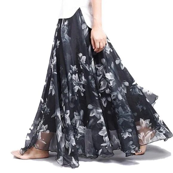 Afibi Dresses & Skirts - Afibi Gray Floral Maxi Skirt M‎ Sheer Festival Ethereal Boho Goth Witchy Cottage